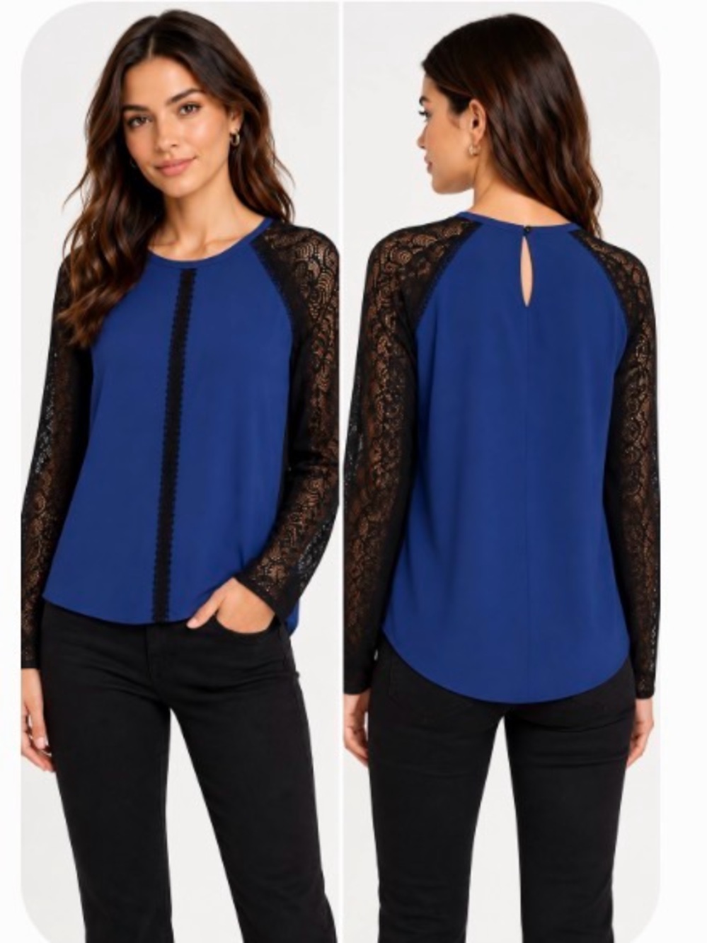 Yigal Azrouel Navy Blouse with Black Lace Sleeves